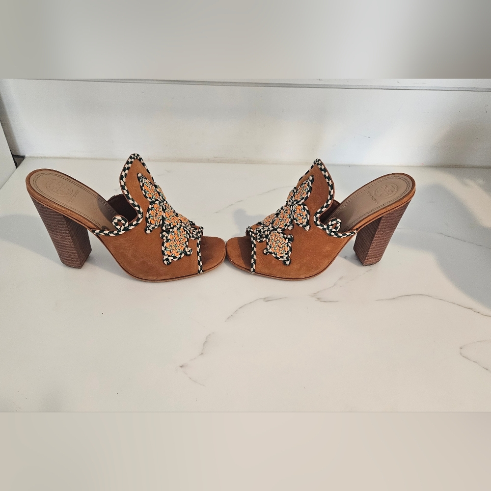 Tory Burch Palisade Embroidered Brown Mule Heels - Picture 2 of 9